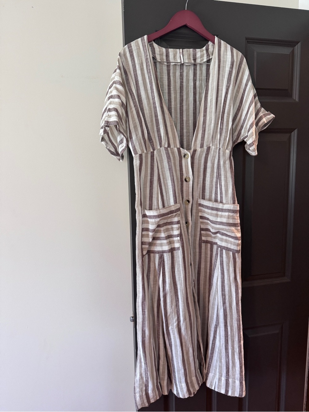 Free People Striped Button-Front V neck Midi Dress in Beige and White